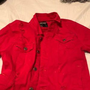 Red ripped demi jean jacket